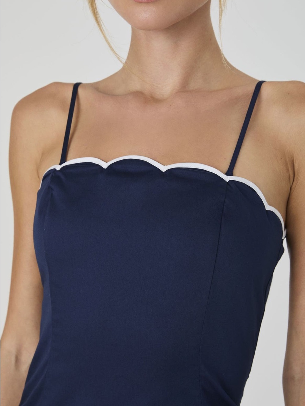 French Connection Navy Mini Dress with Contrast Scallop Trim 100% cotton - Picture 3 of 11